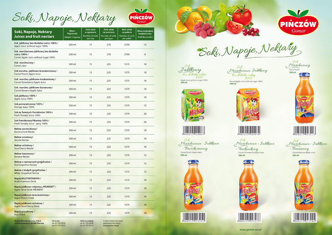 Karty produktowe - soki owocowe Gomar Pińczów